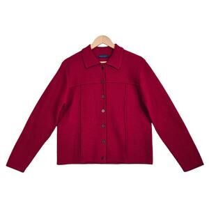 VTG Karen Scott 100% Wool Cardigan sz M Red Button Front Collar Holiday Festive